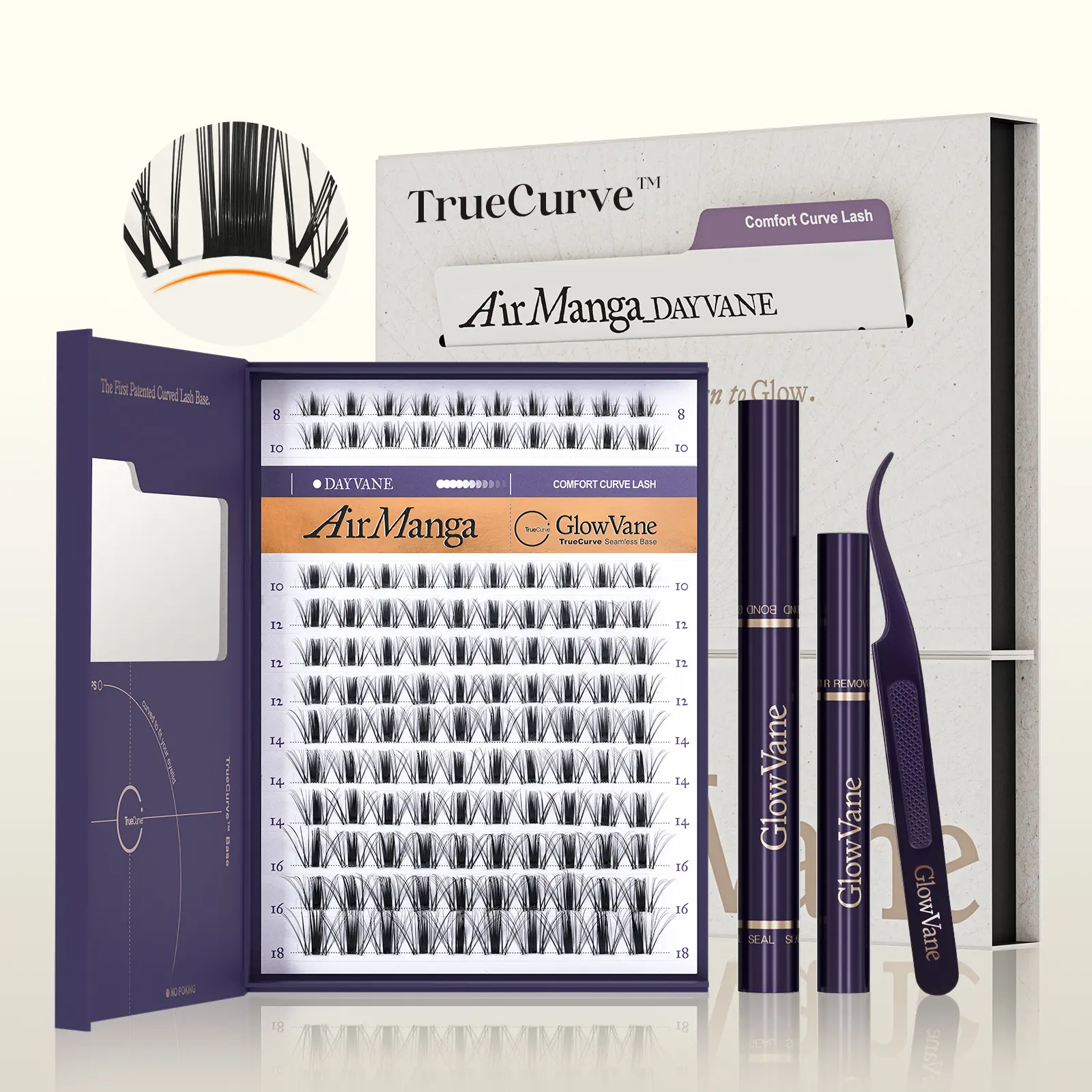 AirManga | GlowVane TrueCurve Lash Clusters Kit Fairy Spikey 0.03mm Curved Band Soft Lightweight 8-18mm DD Curl DIY Lash Extensions for Beginners