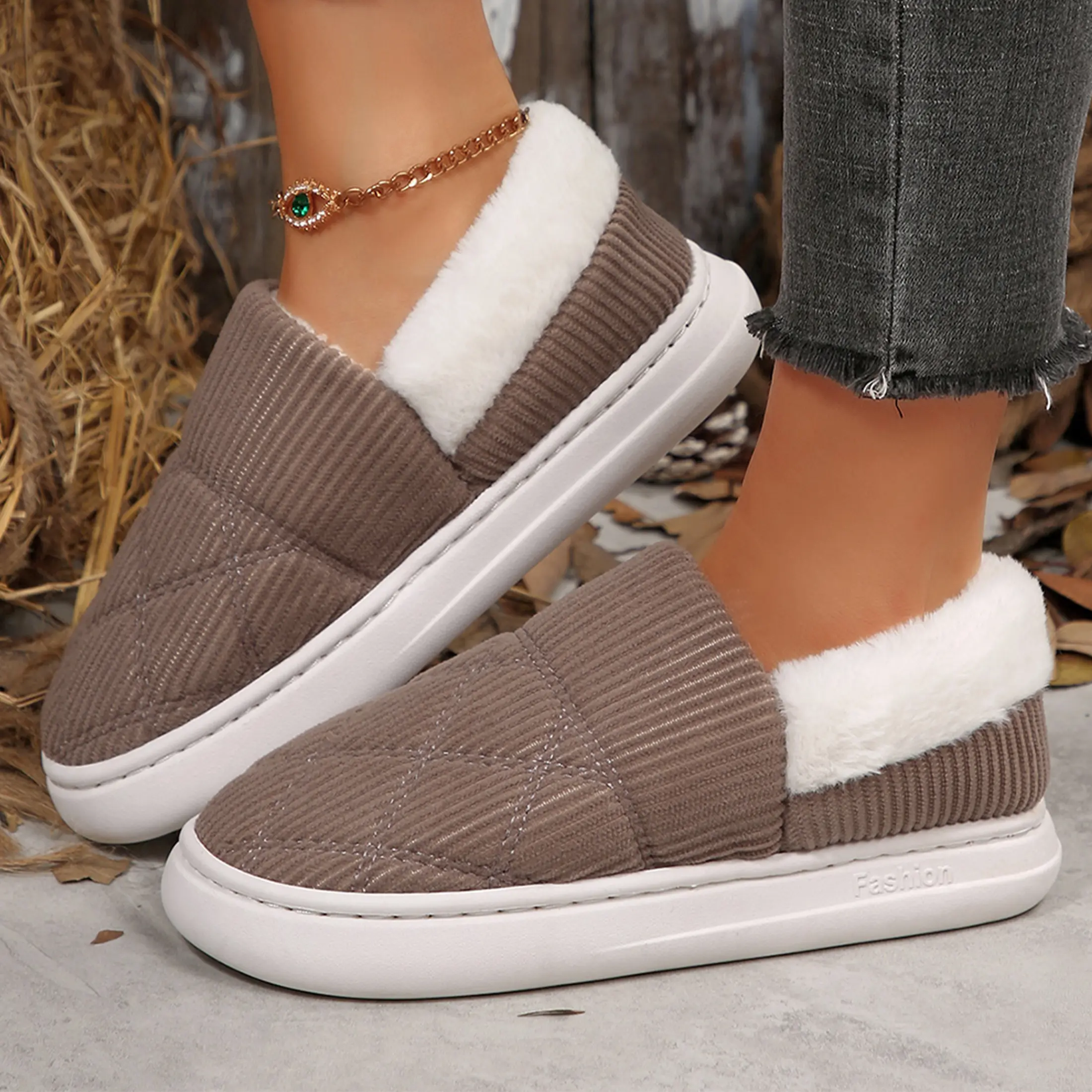 Trendy Corduroy Loafers for Women Plush Lined Warm Slip-On Casual Footwear Indoor Outdoor Shoes