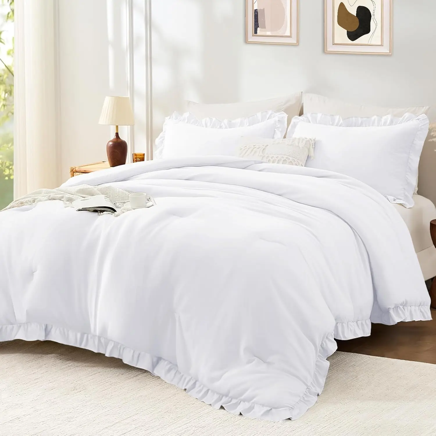 Queen Comforter Set White 3 Pieces, Ruffle Queen Bed Set, Lightweight Soft Bed in a Bag Queen for All, Farmhouse Bedding Comforter Sets(1 Comforter & 2 Pillowshams)