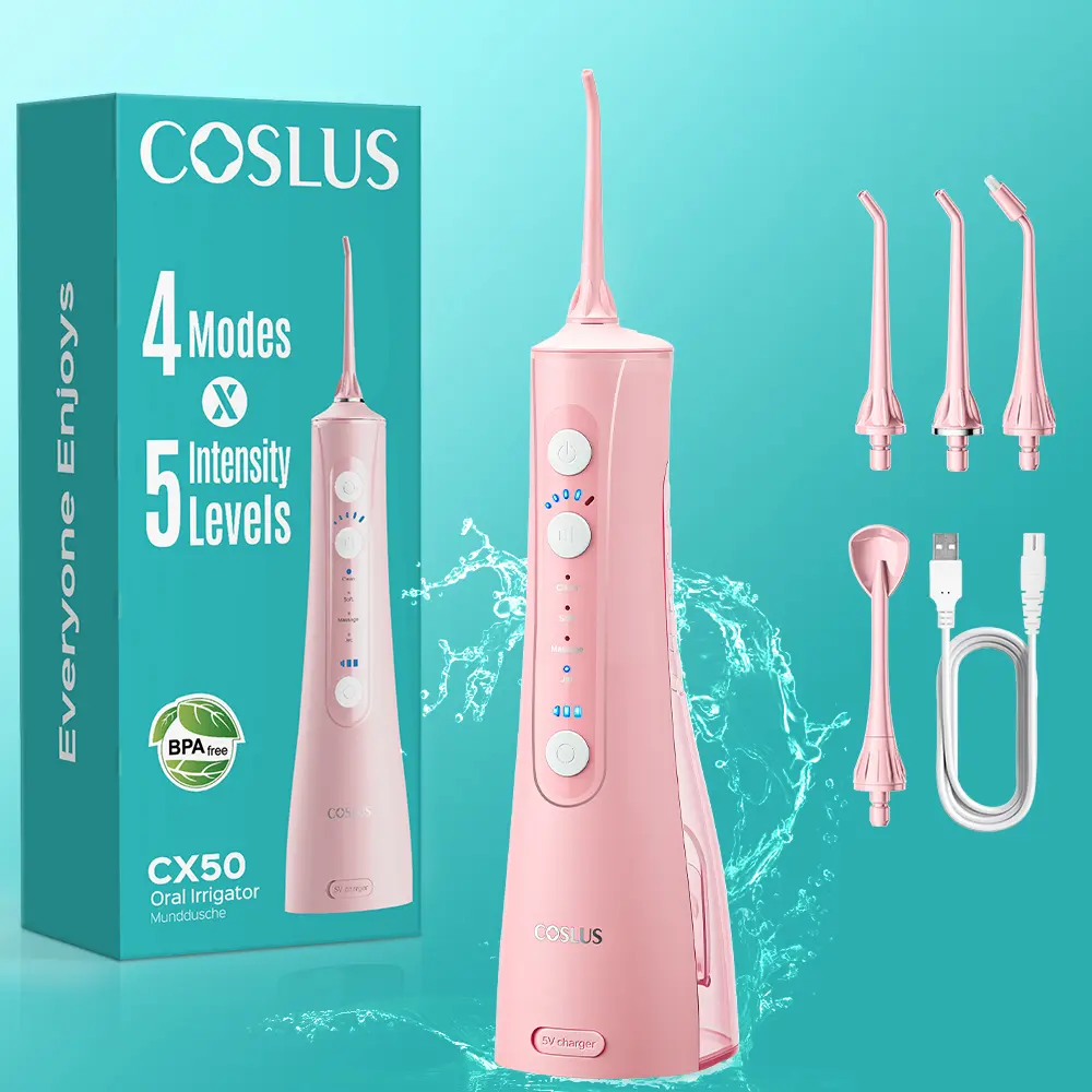 COSLUS CX50 Cordless Water Flosser, Clinically Proven Effective Oral Irrigator for Orthodontic Cleaning, Adjustable with 4 Modes & 5 Intensities for Travel and Braces, Pink