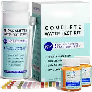 17in1 Complete Drinking Water Test Kit - 100 Strips + 2 Bacteria Tester Kits - Well, Tap, Home, City Water Testing Strip for, Alkaline, Chlorine, Hardness, Iron, Fluoride, Copper & More