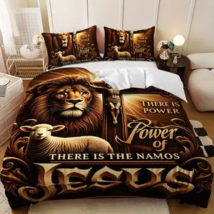 Bedding 3-piece set - 3PCS,Spring Joyful Brown Gold Jesus Cross Lion Lamb Design Down Comforter Set (1 comforter cover + 2 pillowcases, filling not included) soft and comfortable, suitable for family bedrooms.