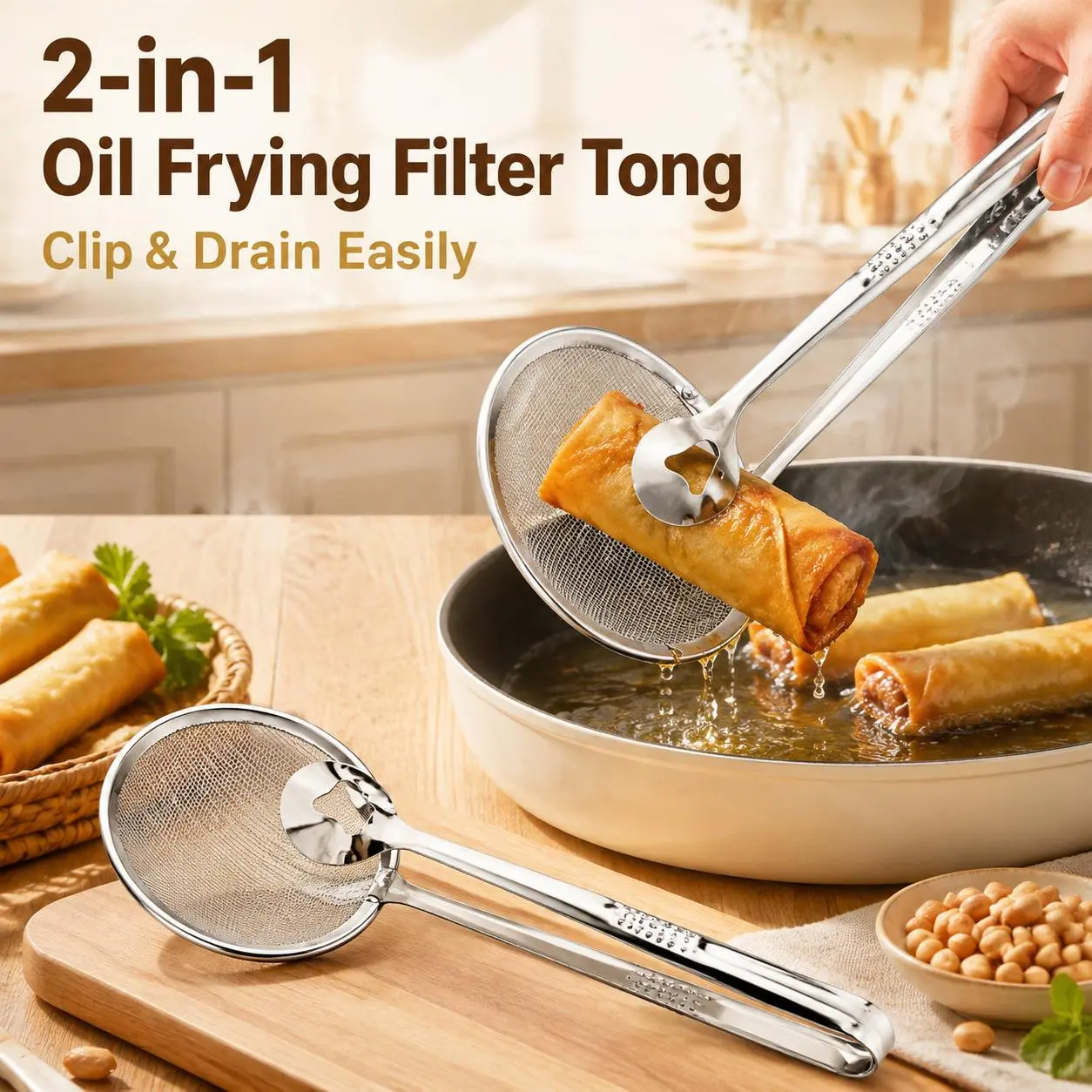 KINDOO 2-in-1 Oil-Frying Filter Clip, Kitchen Food Strainer Tongs for Fried Food, Stainless Steel Stainless Steel Drain Oil Fried Food Strainer with Clip Fry Tool Oil Skimmer Food Clip Tong Filter Strainer Mesh