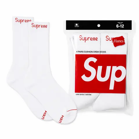 Supreme Hanes Crew Socks 4 Pack White/Black/Grey/Red Classic Versatile Everyday Wear Comfortable Socks for Daily Use