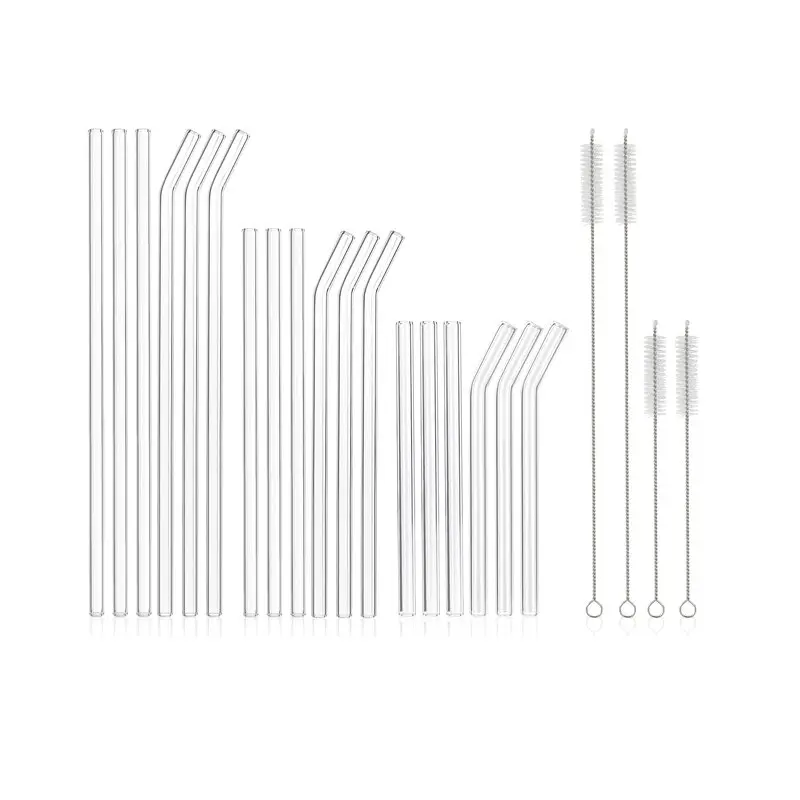 [22 Pcs] Reusable Glass Straws Shatter Resistant - 9 Straight and 9 Bent Size 12"x8mm,9"x8mm,6"x8mm Clear Glass Straws,with 4 Cleaning Brush for 20 30 40 oz Tumblers,Cocktail,Coffee,Juice