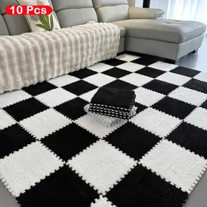 Plaid Pattern Plush Foam Interlocking Floor Mat for Room Decor, 10pcs Anti Slip Indoor Puzzle Area Rug Play Mat, Home Decorative Carpet for Living Room