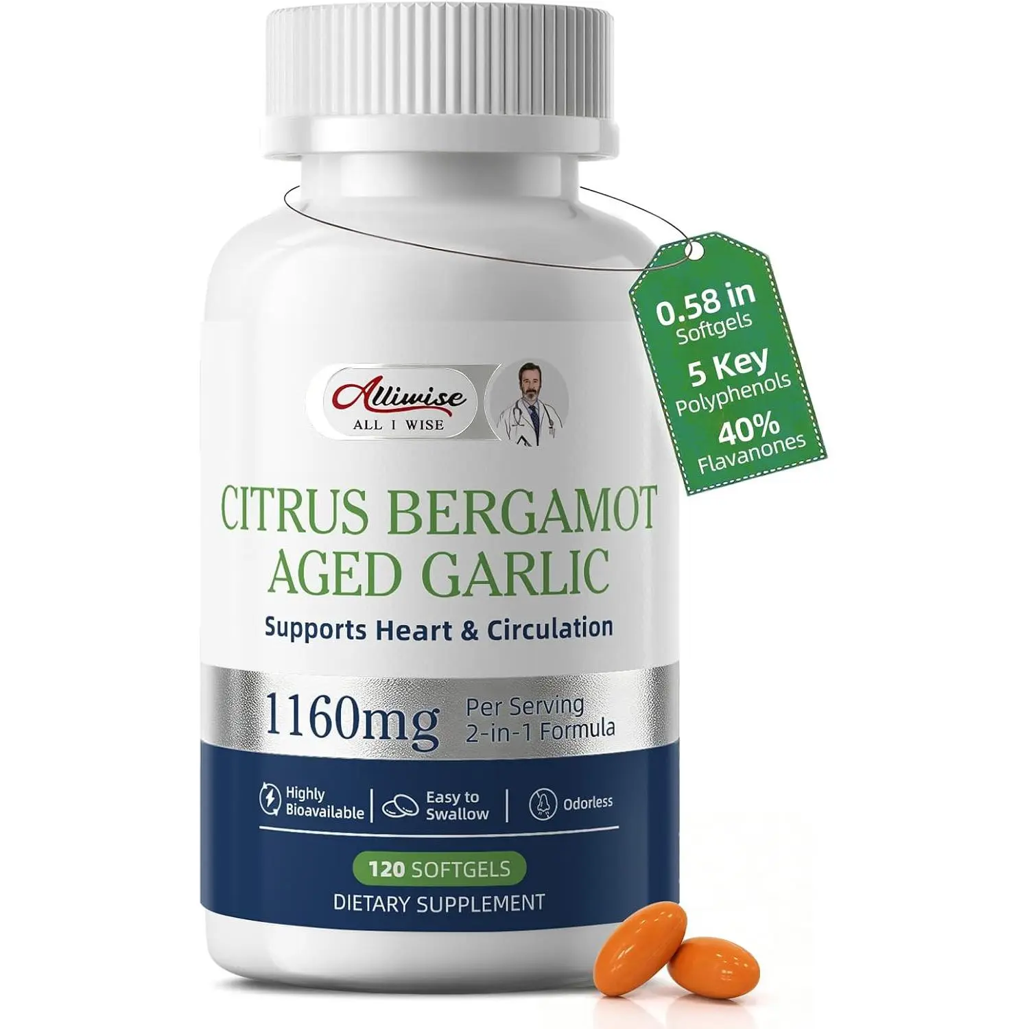 Aged Black Garlic Extract & Citrus Bergamot, 1160mg Cholesterol Support | 2-in-1 Heart, Circulation & Metabolic Supplements, Odorless & Fermented, 80% Polyphenols, Small Easy to Swallow, 120 Softgels