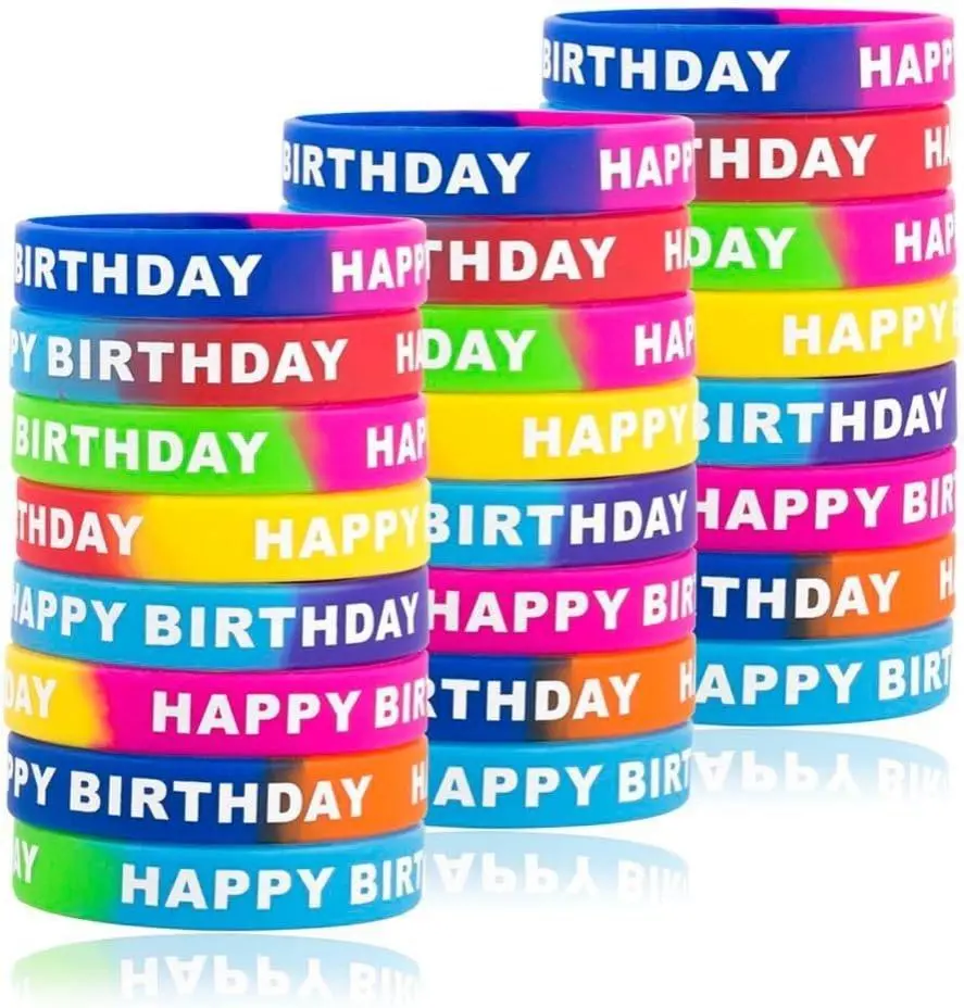 Happy Birthday Rubber Bracelets Colored Silicone Stretch Wristbands for Birthday Party Supplies Favors 8 Styles 24 Pieces