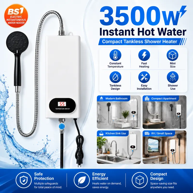 Sohochic 3500W Hot Space-Saving Tankless Electric Water Heater - 110V Simple Power Easy Install, Digital Control LCD Temp Display, Automatic Heating, Shower Head Compatible for Bathroom, Kitchen Appliance Use