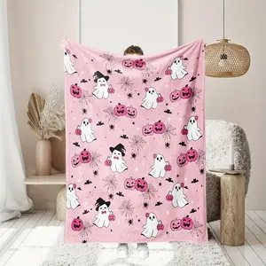 Extra Large Halloween Blanket - Pastel Pink with Ghosts, Pumpkins, Bats & Spiders - Soft Flannel-like Texture Throw for Bed, Party, Camping - All-Season Cozy Decor - Perfect Halloween or Birthday Gift, Holiday Shoppers, Party Decorations-280GSM