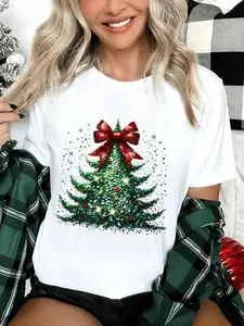 Chic Womens Christmas Tree TShirt Festive Holiday Top with Glittery Bow Round Neck Short Sleeve For Parties