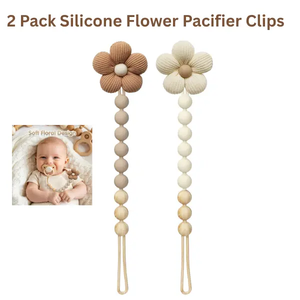 2 Pack Silicone Flower Pacifier Clips, Food Grade Baby Pacifier Holder with Daisy Clip for Boys Girls Summer Gift