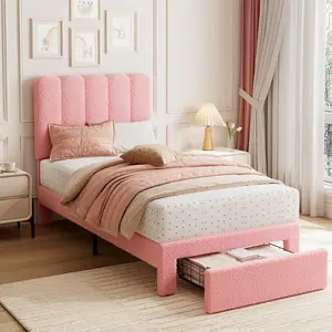 Velvet Upholstered Twin Platform Bed Frame for Girls, Modern Bed with Integrated Storage Drawer and Elegant Headboard, Reinforced Wooden Slat Support, Quiet Noise-Free Bedroom Furniture with Easy Fast Assembly