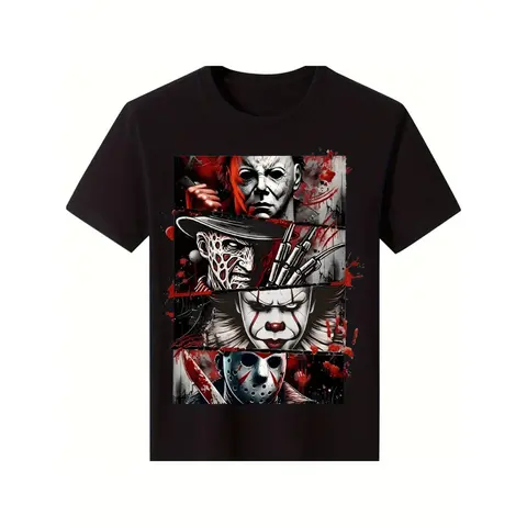 Men's 100% Cotton Fitted Cut Round Neck Horror Themed Gifts T-Shirt - Black Short-Sleeve Streetwear Tee with Jason, Freddy Krueger, Michael Myers Digital Print, Lightweight All-Season Comfort