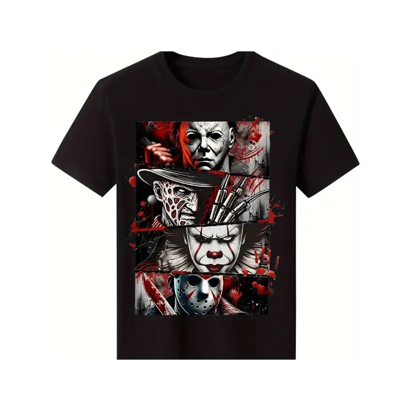 Men's 100% Cotton Fitted Cut Round Neck Horror Themed Gifts T-Shirt - Black Short-Sleeve Streetwear Tee with Jason, Freddy Krueger, Michael Myers Digital Print, Lightweight All-Season Comfort