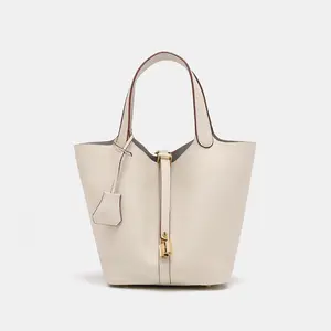 picotin  bagLadies' leather bag, leather handbag, natural textured cowhide material, leather backpack, casual multifunctional handbag with lock design, fashionable matching handbag for daily use, bucket bag,