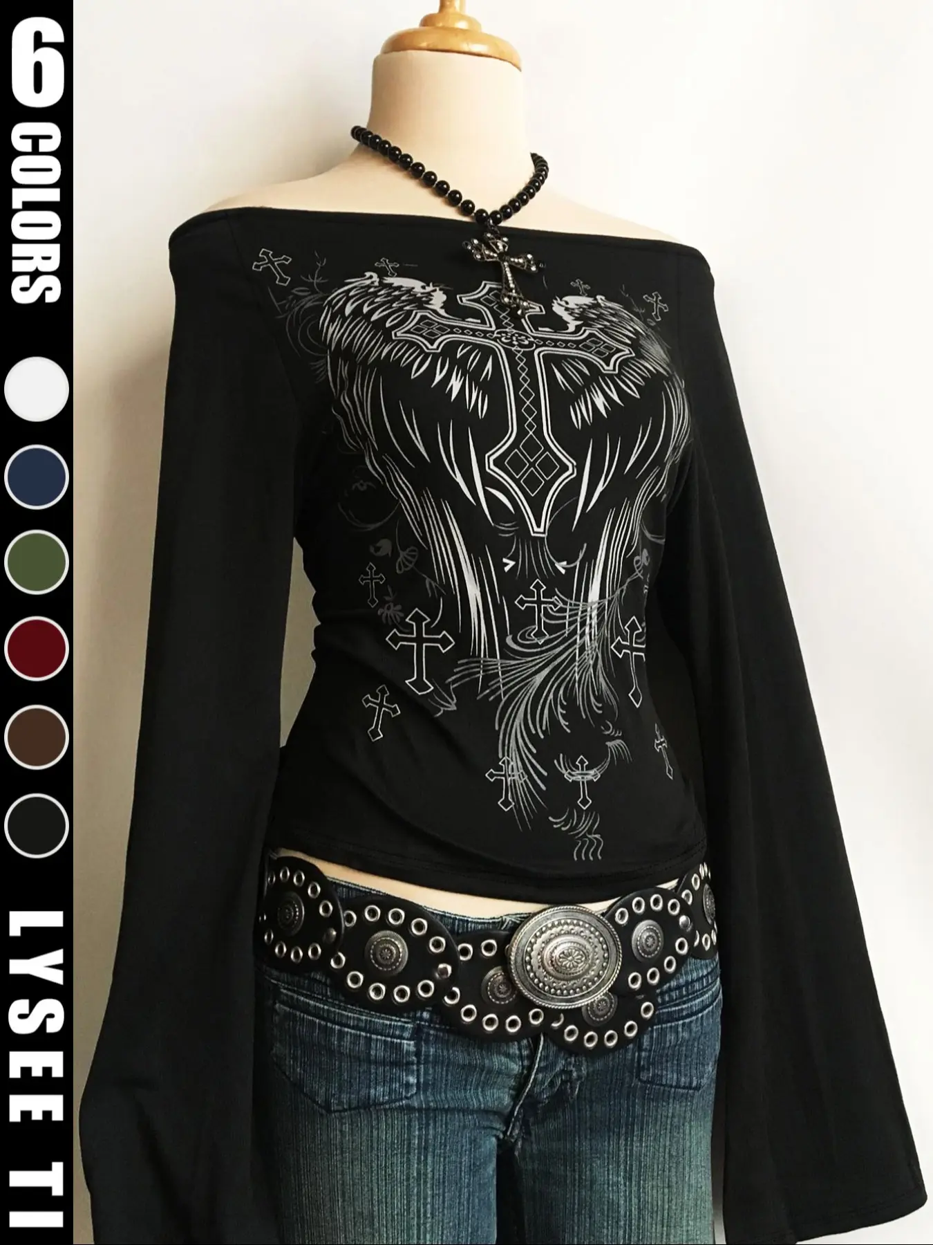 Fashion Casual Y2K Women's Cross Print One-Shoulder Flared Long Sleeve Top, Cool Shirt, Halloween Style, Fitted Design, Fall & Winter Wear, Aesthetic, Shirts, Womenswear
