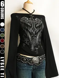 Fashion Casual Y2K Women's Cross Print One-Shoulder Flare Sleeve Top, Halloween Style, Fitted Design, Fall & Winter Wear, Aesthetic