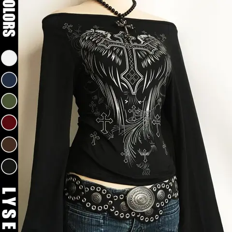 Halloween Day of the Dead Fashion Casual Aesthetic Y2K Women's Cross Printed One Shoulder Trumpet Sleeve Top
