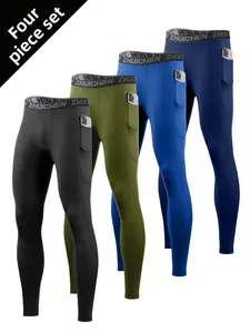 4pcs Set with Pockets, Compression Long Pants, Tight-Fitting Basketball High-Elastic Training Fitness Pants, Quick-Dry Base Layer for Running And Sports, Side Pocket Leggings
