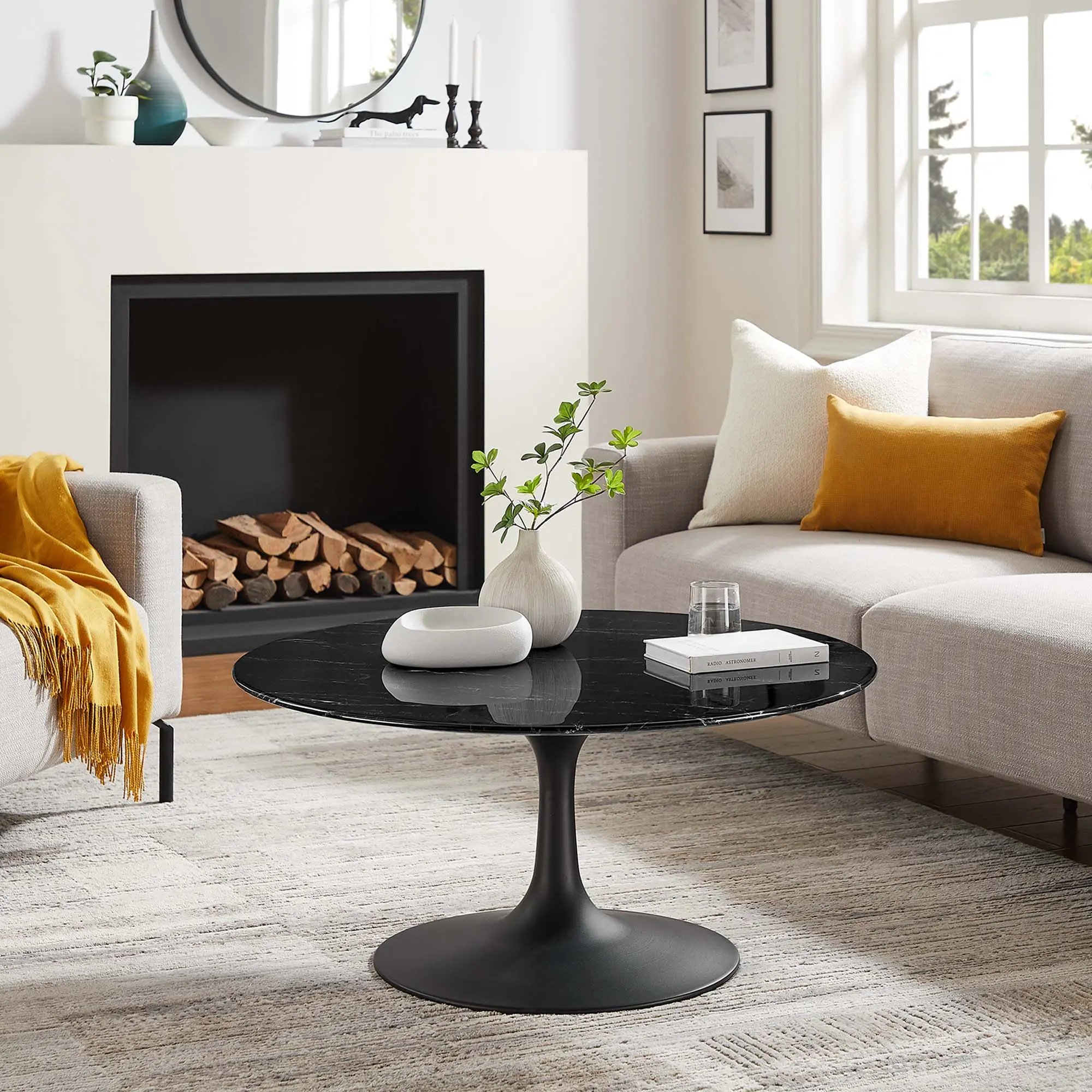 Modway Lippa 36" Round Artificial Marble Contemporary Coffee Table, Midcentury Modern Artificial Stone Living Room Furniture, Indoor Tables & Desks, Coffee Tables