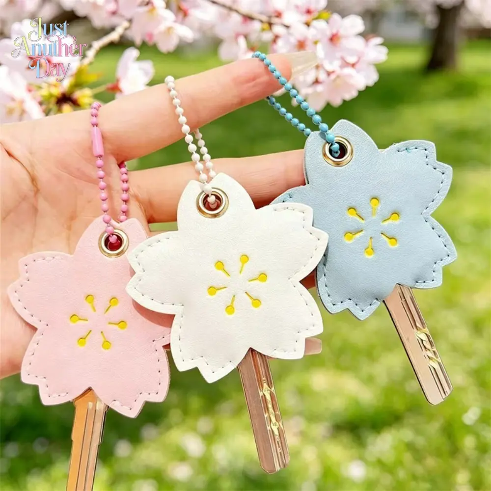 Romantic Cherry Blossom PU Leather Key Cover, Cute Sakura-Shaped Protector for Door & Elevator Cards, Decorative Keychain Pendant