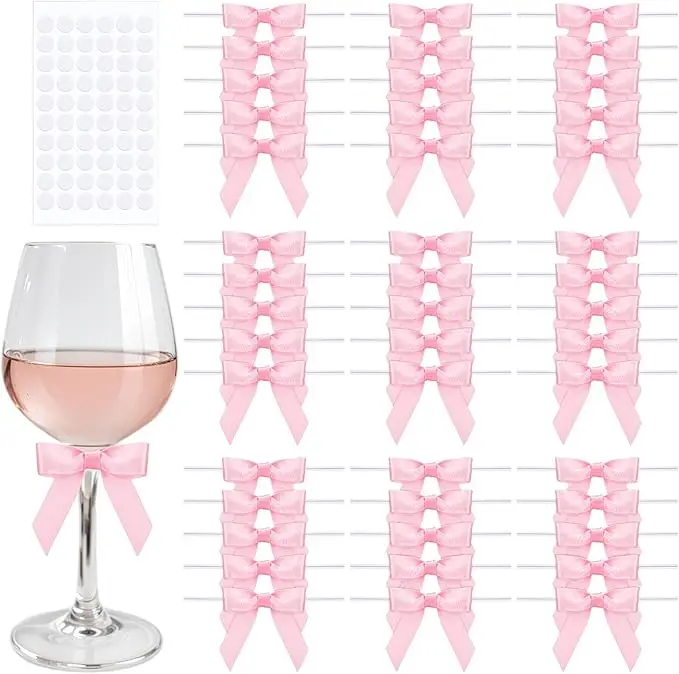 60 PCS Mini Pink Bows 2.5" Premade Pink Satin Ribbon Twist Tie Bows for Crafts Treat Bags Cake Baking Gift Wrapping Wedding Birthday Baby Shower Supplies