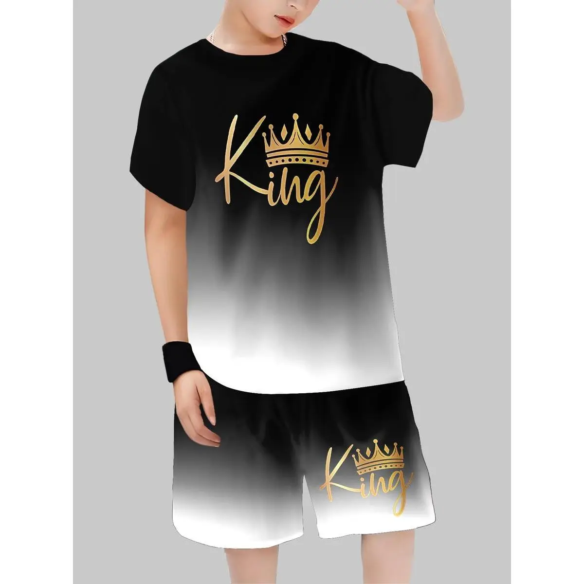 Boys' 2-Piece Street Style Clothing Set - 5-14 Years Novelty Print Polyester Outfit, Gradient Crown & Cartoon Lightning Bolt Short/Sleeveless Fitted Crop Top, Summer Casual Machine Washable Kids' Suit, Cute, Mini Crop