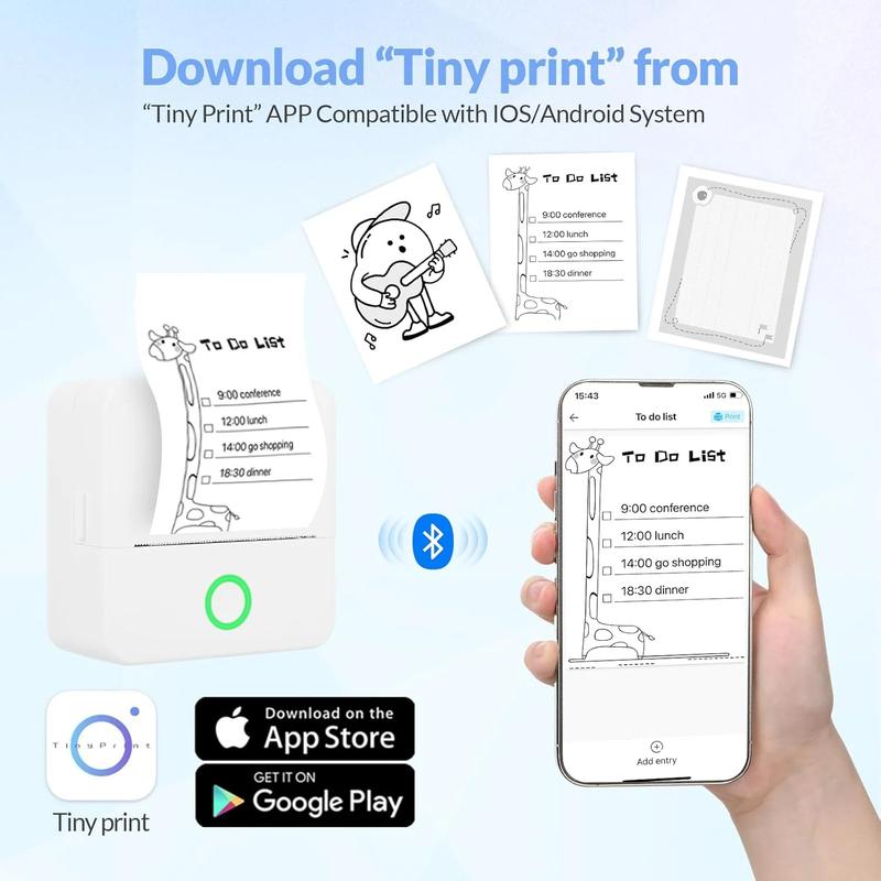 Mini Printer Portable Perfect Gift Wireless Sticker Printer for iPhone  1 Count USB Rechargeable Bluetooth-compatible Thermal Printer with 5 Rolls Paper, Compatible with iOS & Android, Office Supplies