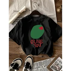 Girl's Olive Graphic Tee: Cute "OLIVE YOU" Pun Design on Soft Cotton Tee with Classic Round Neck. Perfect for Kids' Everyday OOTD, School Days, Playdates, and Versatile All-Season Style.