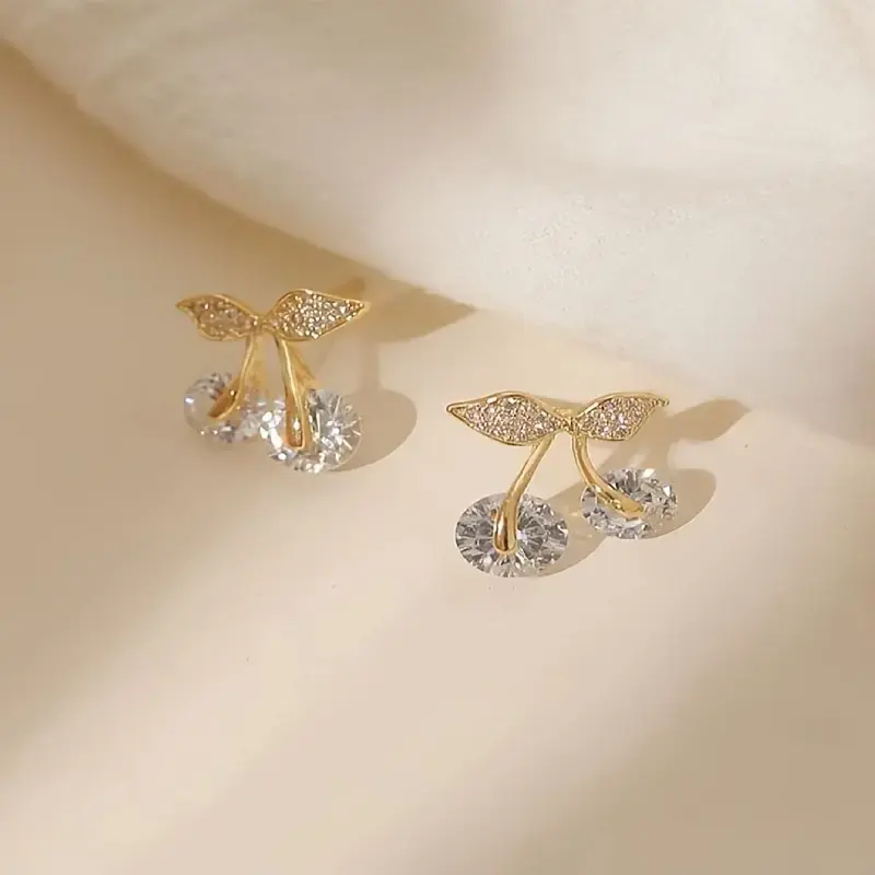 Elegant Cherry-Shaped Stud Earrings for Women - Sparkling Cubic Zirconia, 925 Silvery Posts, Simple Design with Elegant Gold Finish, Earrings Under $15, Jewelry Clearance Sale Affordable Fashion Jewelry