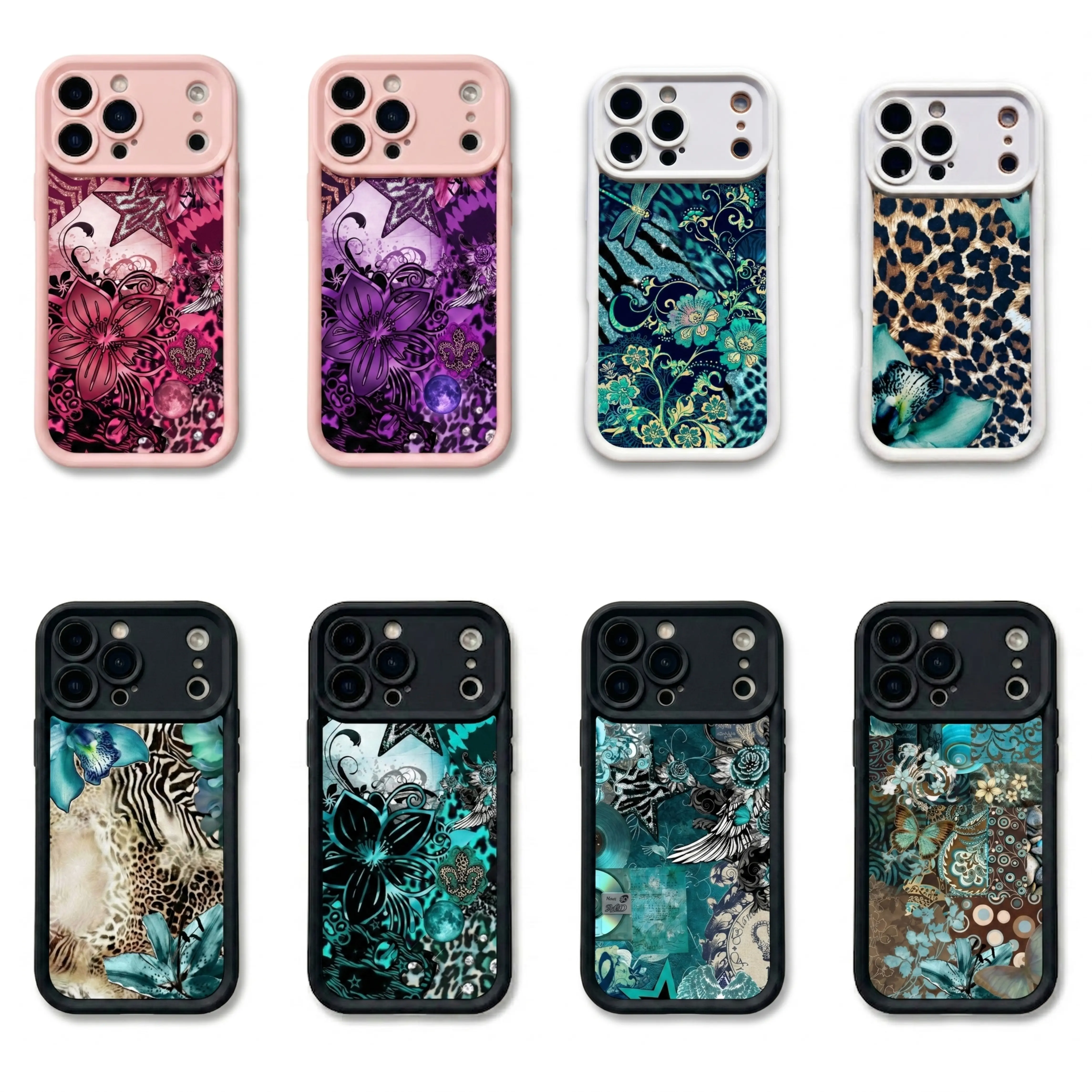 Vintage Teal Leopard Print Aesthetic Phone Case, Leopard Zebra Butterfly Vintage Collage Art Phone Case, Boho Patchwork Tiered Lens Tough Case Collection, Suitable for iPhone 11-17 ProMax/Plus and Samsung Galaxy S23-S25