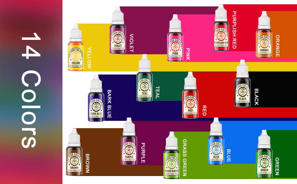 14 Oil-Based Food Coloring for Chocolate 10ml Colors Set Edible Oil Food Dye for Baking Cake Cookie Icing Fondant Meringues Decorating Chrismass Birthday 35 Fl. Oz Bottles Bake