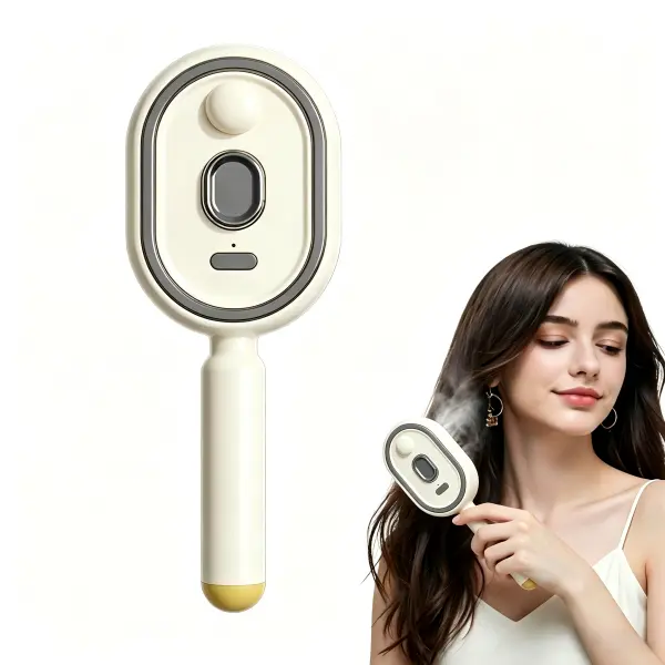 3 in 1 Nano Mist Air Cushion Massage Comb, Rechargeable Detangling Brush, Retractable Self-Clean Hair Brush for Frizz Control, Portable Travel Hair Care Styling Tool for Dry Frizzy Hair, Ideal Holiday Gift for Women (Off-White)