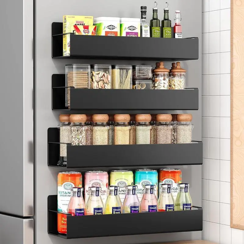 Metal 4 Pack Magnetic Spice Storage Rack Organizer for Refrigerator and Oven, Black Fridge Organizers and Storage, Metal，Estante organizador de especias magnético de metal, paquete de 4 unidades, para refrigerador y horno, organizador negro para nevera