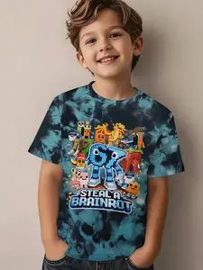 6-7 Year Old Boys' Casual Round Neck Short Sleeve T-Shirt, 6 Colors Available, Fun 3D Cartoon Print, Loose Fit, Long Sleeveless Top