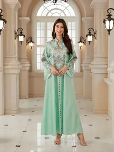 Women's Ramadan New Fabric Design Embroidered Modest Formal Dress Kaftan Robe Evening Gown Dubai Abaya Full Beaded Long Sleeve Loose Fit All Seasons Modesty Muslim Clothing