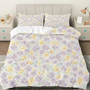 3PCS Duvet Cover Set, 1 Duvet+2 Pillowcases(Without filler), Floral Pastel Blossoms Violet Yellow Green theme, Spring bedding set, Floral Design Luxury Bedroom Suitable for decoration Bedroom, Hotel, Guest Room, Airbnb