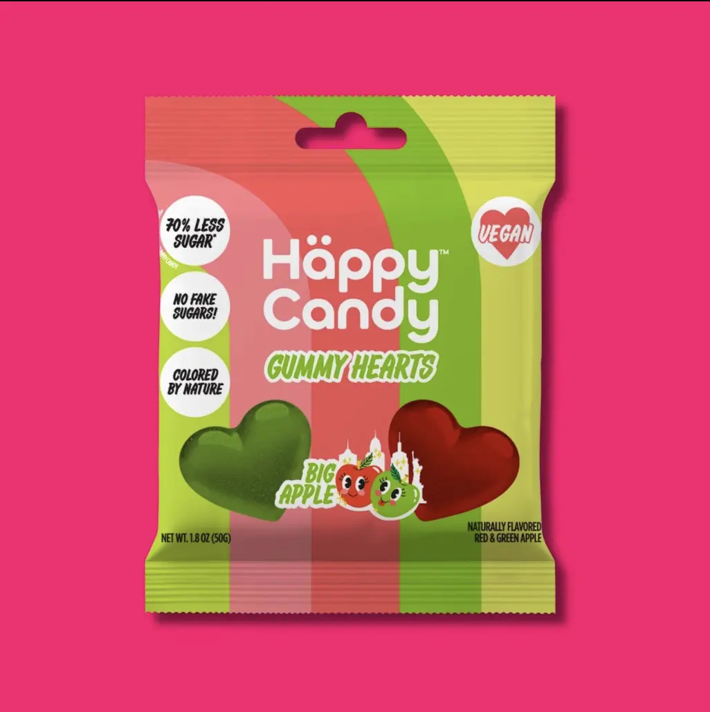 HAPPY CANDY Kosher Gluten-Free Fruit-Flavored Low-Sugar Dairy-Free Gummy Hearts Candies, 1.8 oz, 12-Month Shelf Life, Everyday Snack