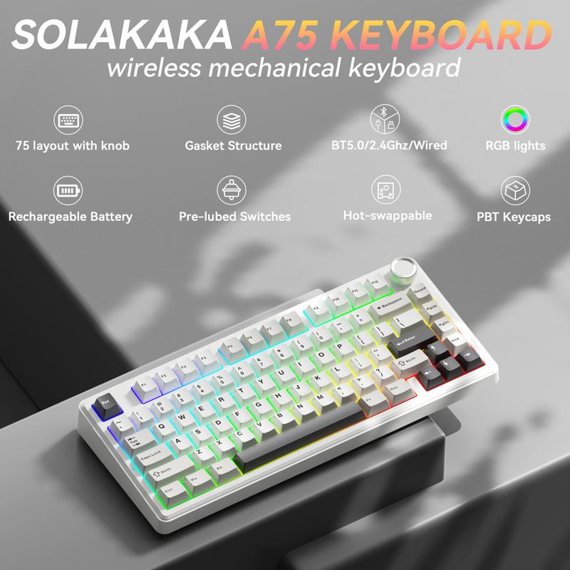 SOLAKAKA A75 75% Wireless Mechanical Keyboard – Hot-swappable RGB gaming keyboard with a sealed design, smooth feel, PBT keycaps, and rotary controls. A creamy keyboard suitable for PC/Mac gaming devices. SOLAKAKA A75 75% Wireless Mechanical Keyboard – Hot-swappable RGB gaming keyboard with a sealed design, smooth feel, PBT keycaps, and rotary controls. A creamy keyboard suitable for PC/Mac gaming devices.