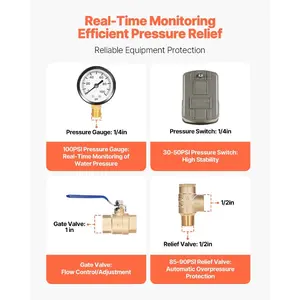 VEVOR 1x 11 Well Pressure Tank Tee Kit, with 30/50PSI Switch, 8-Pieces Pure Brass Pressure Tank Installation Kit for Water Well, 1 in Gate Valve Included, Fit Most tanks with Diameter up to 16 in