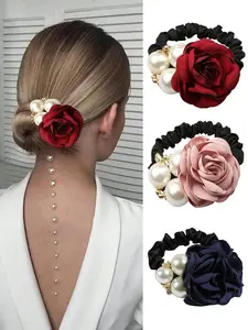 Mother's Day Gift Faux Pearl Decorated Flower Design Hair Tie, Gifts for Her, Elegant Fashionable Wedding Hair Accessories for Women & Girls, Minimalist Rose Bow Headwear Suitable for Thick Hair, Bowknot, Hair Bows