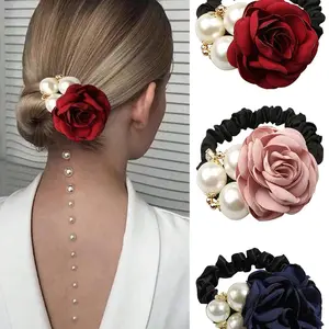 Faux Pearl Decorated Flower Design Hair Tie, Gifts for Her, Elegant Fashionable Wedding Hair Accessories for Women & Girls, Minimalist Rose Bow Headwear Suitable for Thick Hair