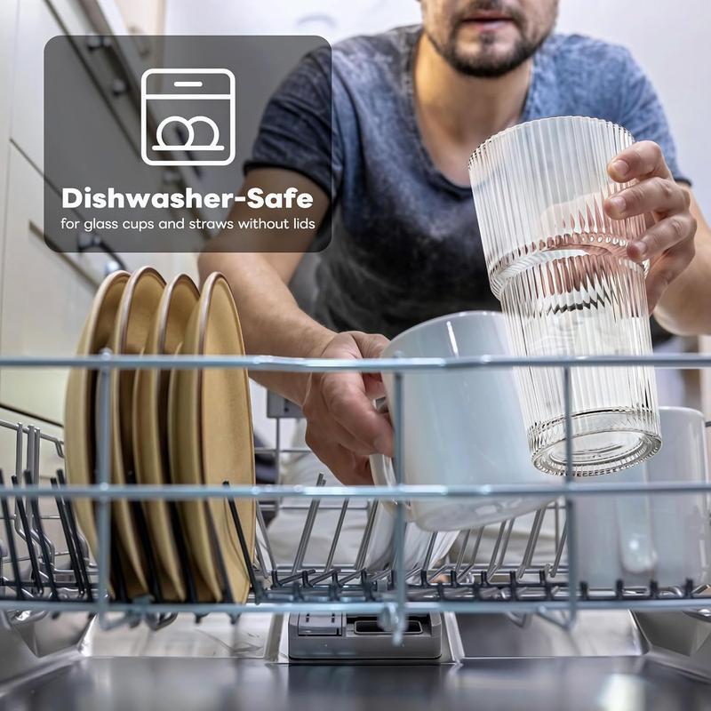 20oz Ribbed Glass Cup Set 6/8Pack - Thickened Tumblers with Lids & Straws for Cocktails, Coffee & Smoothies