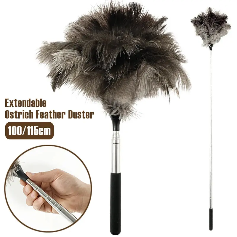 Soft Ostrich Feather Duster with Duster Head, Extendable-Retractable 100-115cm Stainless Steel Home Cleaning Tool, Nonslip Handle, Washable for Pendant Lamps, Ceiling Fans, Ceiling Fan Duster