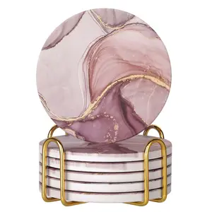 Absorbent Pink Marble Ceramic Coasters for Drinks with Gold Holder and Cork Base Set of 6 Round Decorative Tabletop Protection for Coffee Table Bar Kitchen Home and Dining Room Classic Mat