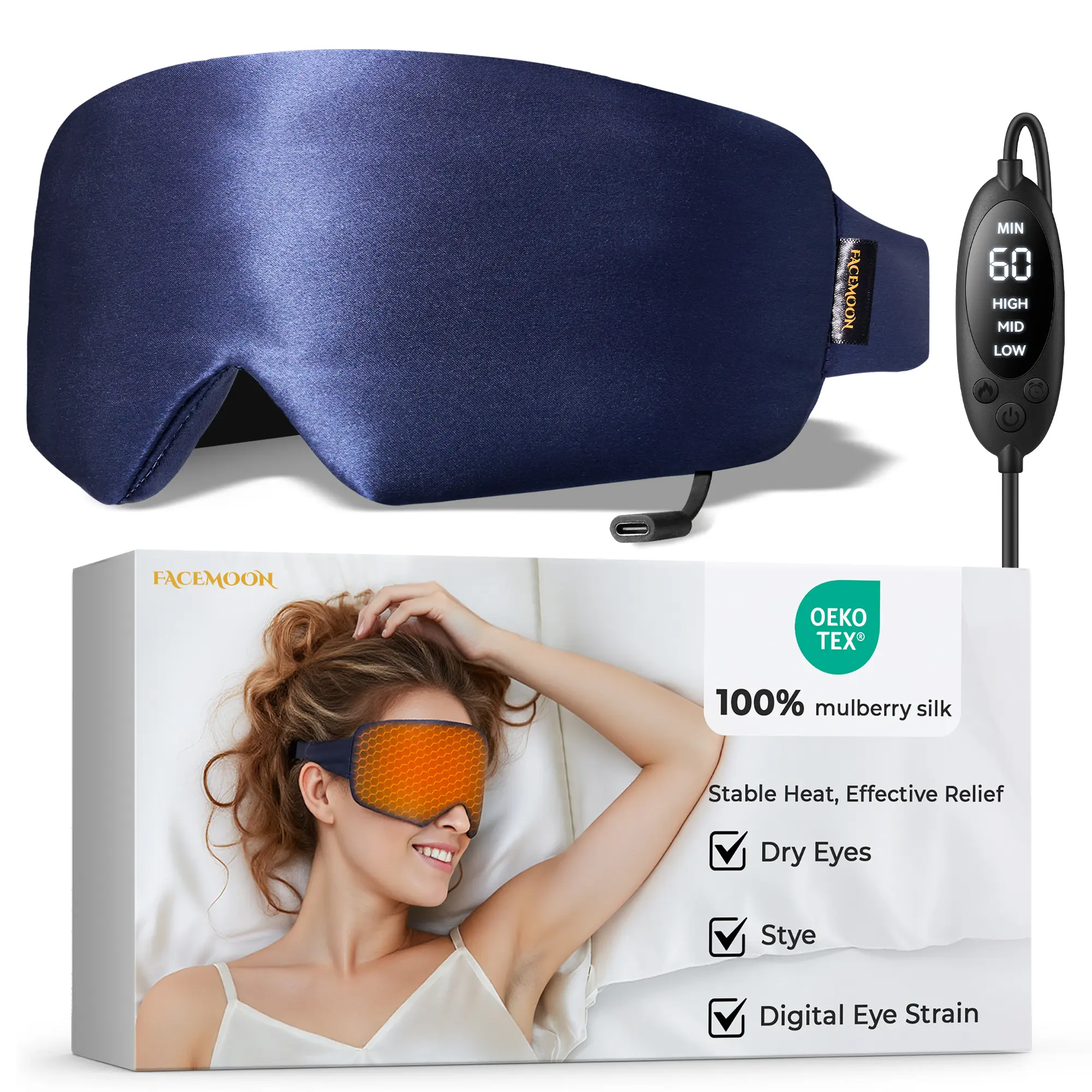 FACEMOON Heated Eye Masks for Warm Compress Silk Electric Heating Pad for Dry Eyes USB-Powered Stable Heat 3 Settings 4 Timer Options Calming Daily Eye Comfort