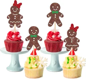 24 PCS Glitter Gingerbread Man Cupcake Toppers for Christmas Baby Shower and Birthday Party Cake Decorations Supplies