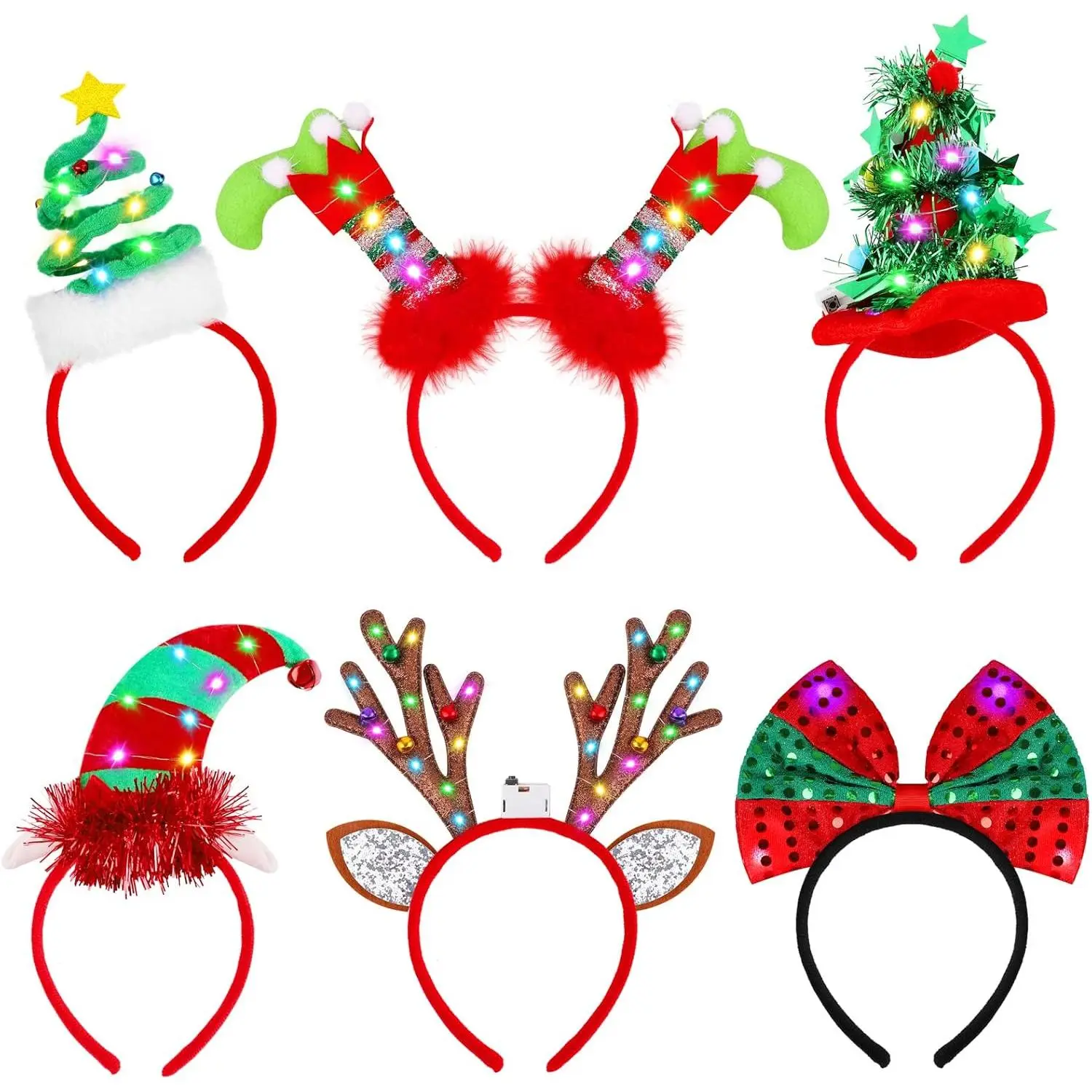Kids' Christmas LED Light Headbands 6-Pack, Soft Knit Novelty Head Boppers with Reindeer, Santa, Elf Designs, Acrylic Horns, Bows, Durable Holiday Hair Accessories for Family and Friends, Most People, Party Photo Props