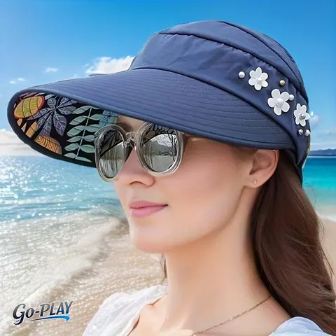 Women's Foldable Sun Visor Cap - UPF 50+ UV Protection, Brim Size:12.5cm Wide Brim, Flower Decor, 0.1kg Lightweight, Adjustable Drawstring, Unisex Sports Outdoor Beach Accessory, Gift For Her